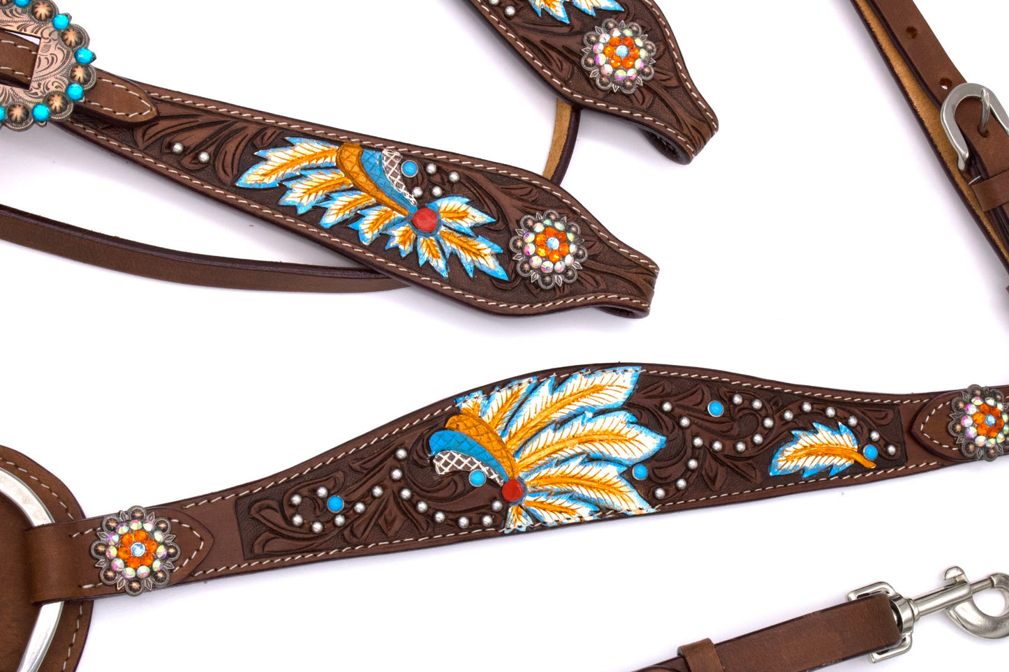 Set aus Westerntrense und Vorderzeug im Indianerdesign, Häuptlingsfedern, punziert, türkis,