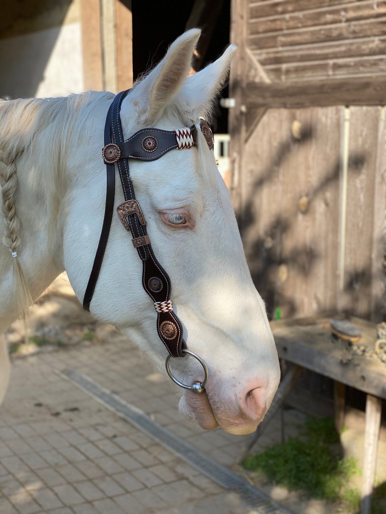 Vintage Style Westerntrense, kupferfarbene Schnallen und Conchos, Rohhautakzente, Stirnriemen,